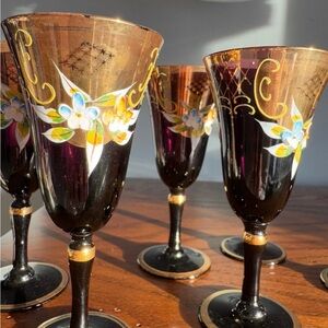 Elegant Vintage Deep Purple and Gold Floral Cordial Glasses